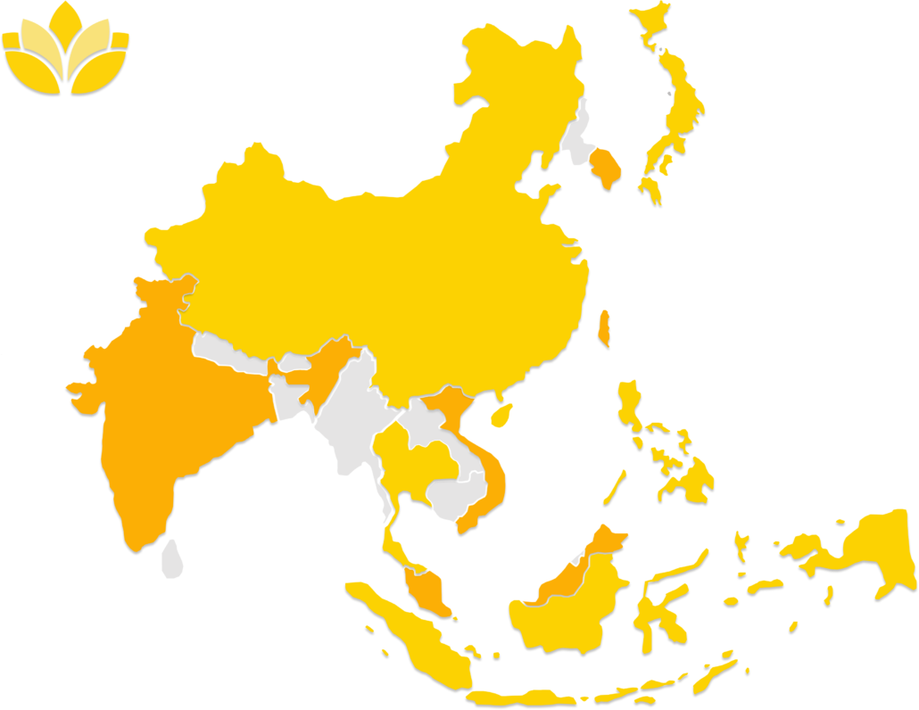 A map of the different countries where Asia Actual provides RA support 