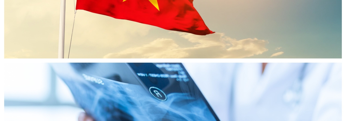 An image of the Vietnam flag above an image of a doctor holding a diagnostic image used for medical treatment.