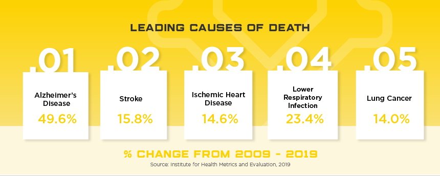 Japan Leading Causes of Death, percent change from 2009 to 2019. 1: Alzheimer's Disease, 49.6%. 2: Stroke, 15.8%. 3: Ischemic Heart Disease, 14.6%. 4: Lower Respiratory Infection, 23.4%. 5: Lung Cancer, 14.0%. Source: Institute for Health Metrics and Evaluation, 2019.